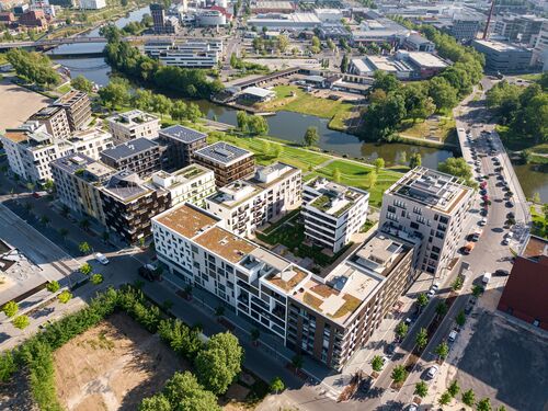 Vue aérienne de l'ensemble du site du Neckarbogen à Heilbronn