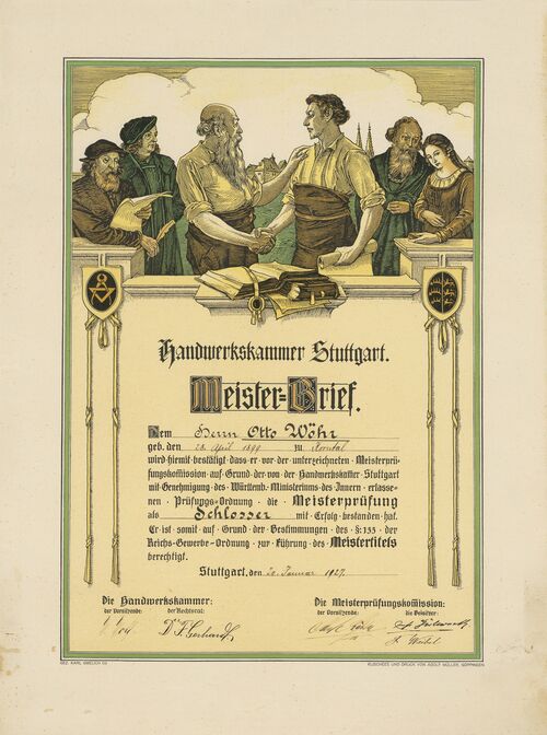 Certificate awarded to Otto Wöhr as a master locksmith