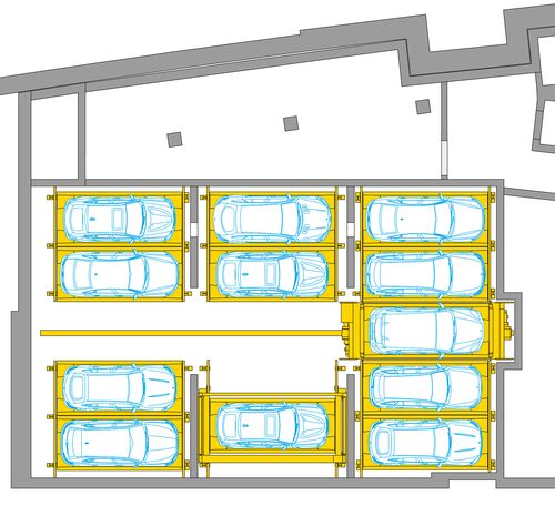 El esquema muestra la disposición de los coches en un sistema de aparcamiento