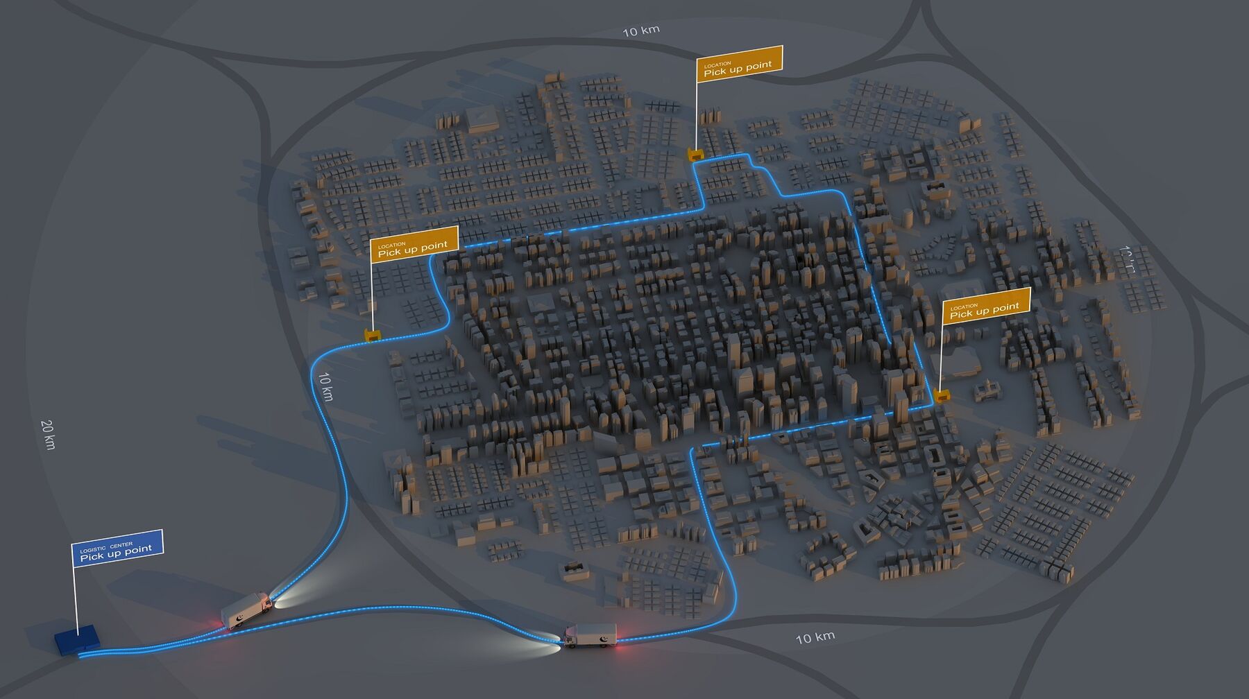 Rendering einer Stadt mit eingezeichneten Transportwegen