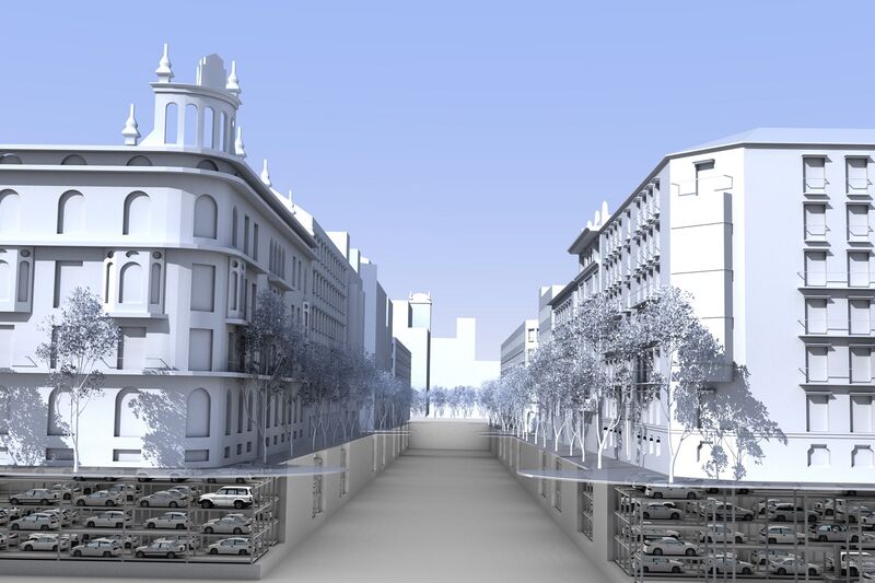 Rendering einer verdichteten Tiefgarage unter den Gebäuden