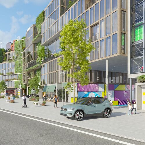 A rendering of a building with a car parked in front of it