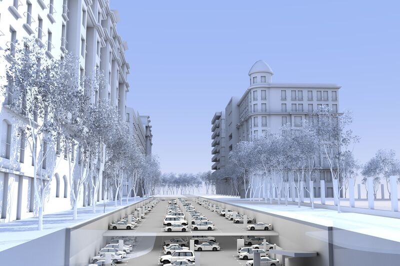 Rendering einer verdichteten Tiefgarage unter der Straße