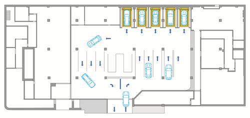 L’image montre la zone d’entrée et de transfert d’un système de stationnement automatisé avec plusieurs places de stationnement.