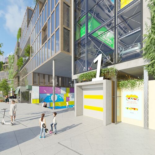 Rendering of a building with an entrance gate to the car park system