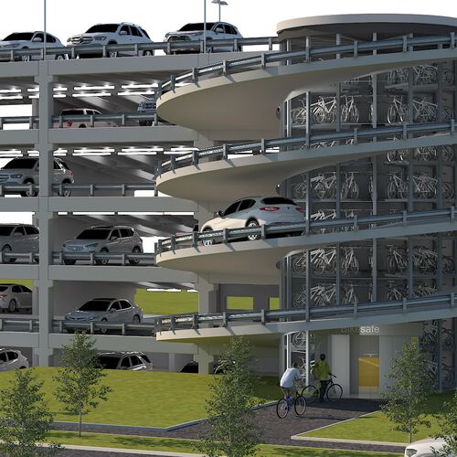 Visualización de una torre de aparcamiento para bicicletas integrada en un aparcamiento