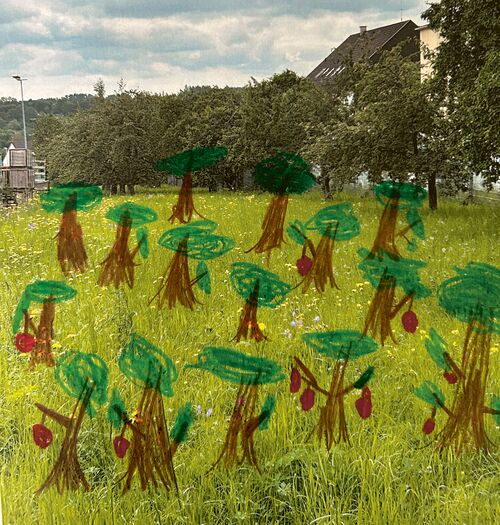 Wiese mit gezeichneten Apfelbäumen