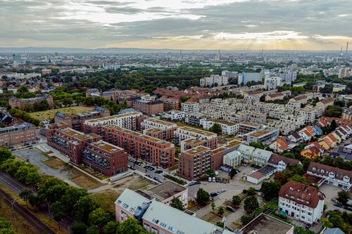Vista aérea de todo el recinto del barrio «Turley» en Mannheim Imagen de una maqueta urbana con sistemas de parques integrados