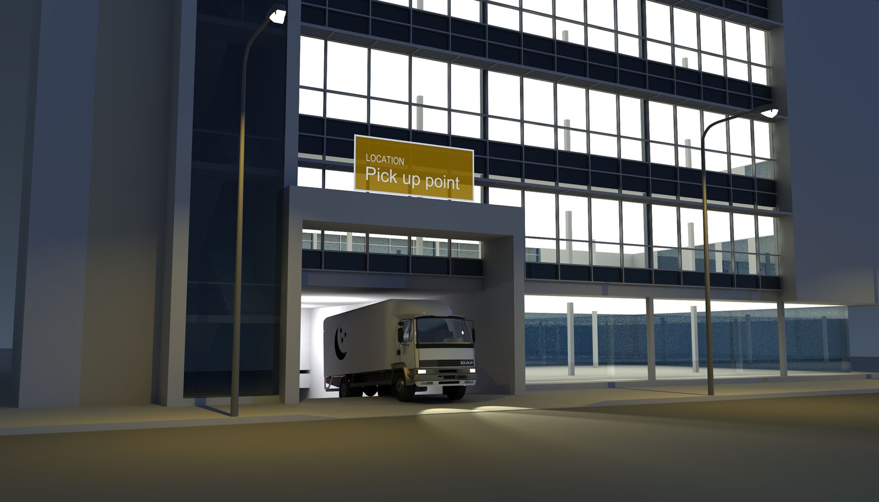 Rendering eines LKWs, der aus einem Gebäude hinausfährt