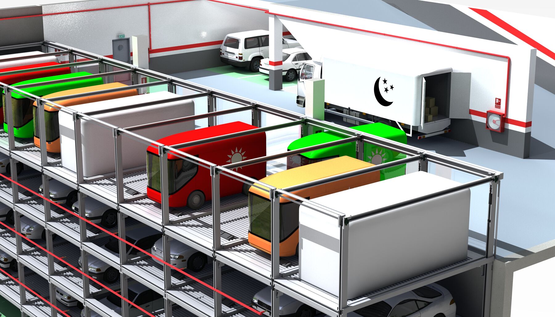 Rendering eines Parksystems, in dem Transporter parken
