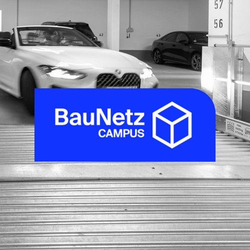 Logo des Baunetz Campus mit Auto im Hintergrund