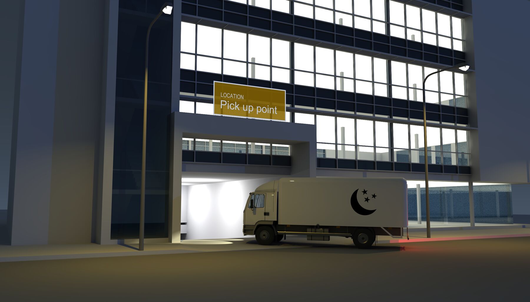 Rendering eines LKWs, der in ein Gebäude einfährt