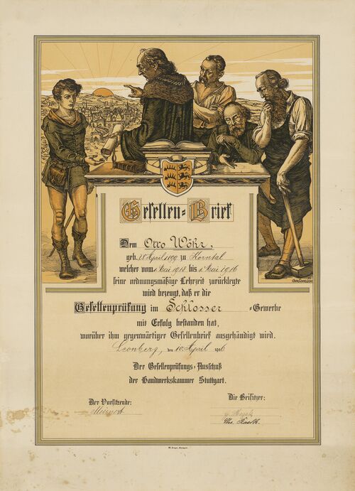 Certificate for Otto Wöhr Jr. for passing his journeyman’s examination