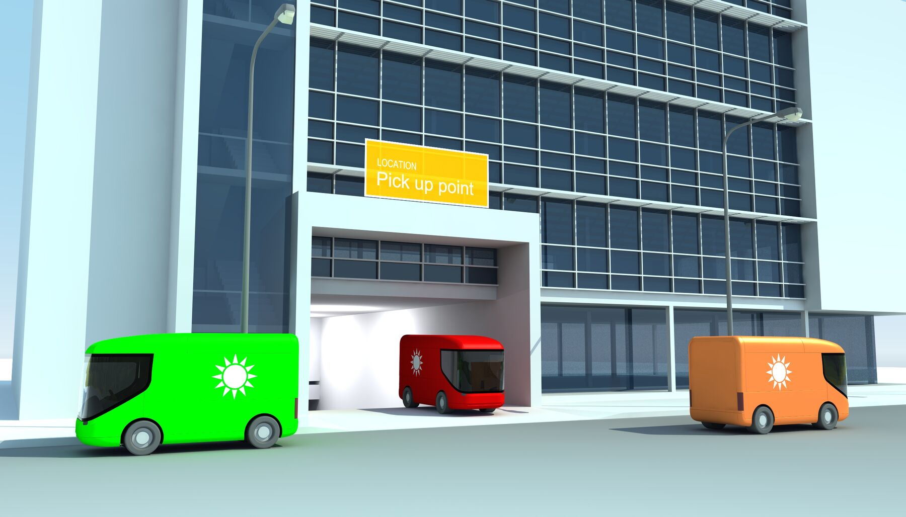 Rendering zeigt die Tiefgaragenausfahrt eines Gebäudes, aus dem LKWs herausfahren