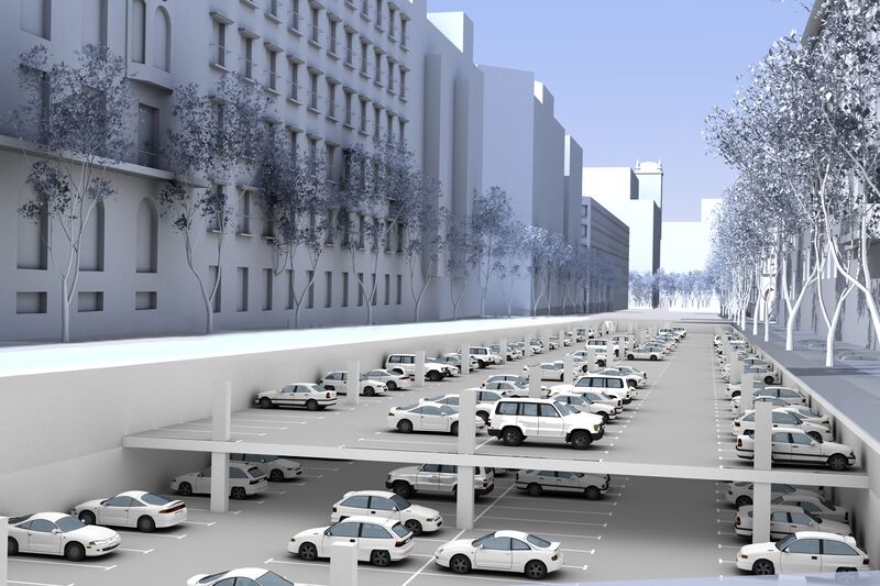 Rendering einer verdichteten Tiefgarage unter der Straße