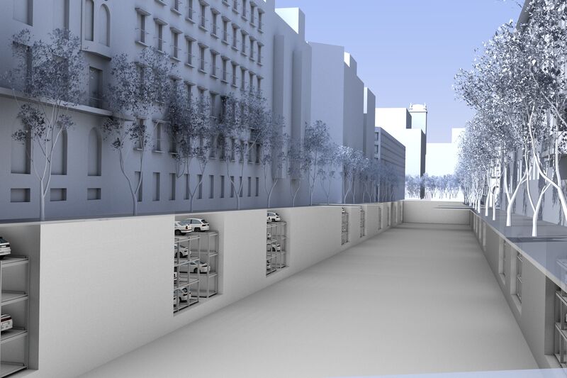 Rendering einer verdichteten Tiefgarage unter den Gebäuden