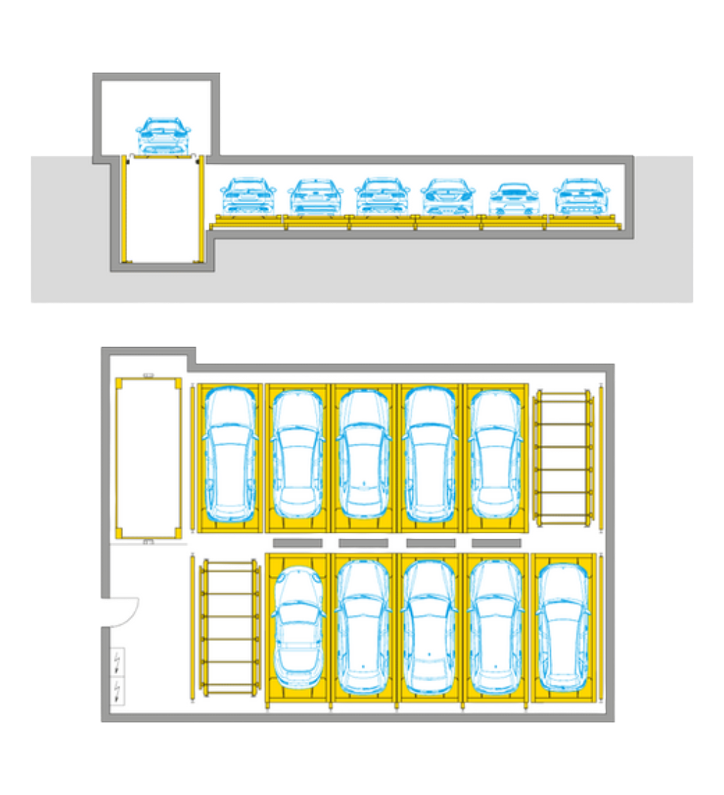The illustration shows the arrangement of cars in a parking system