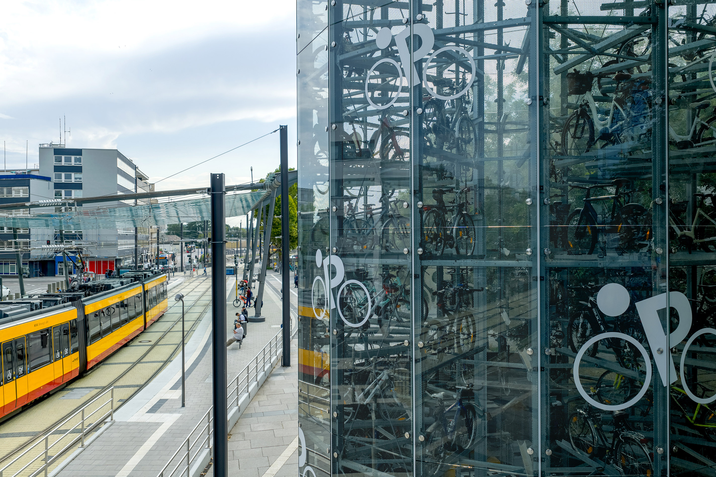 Close-up of an automatic parking system with parked bikes