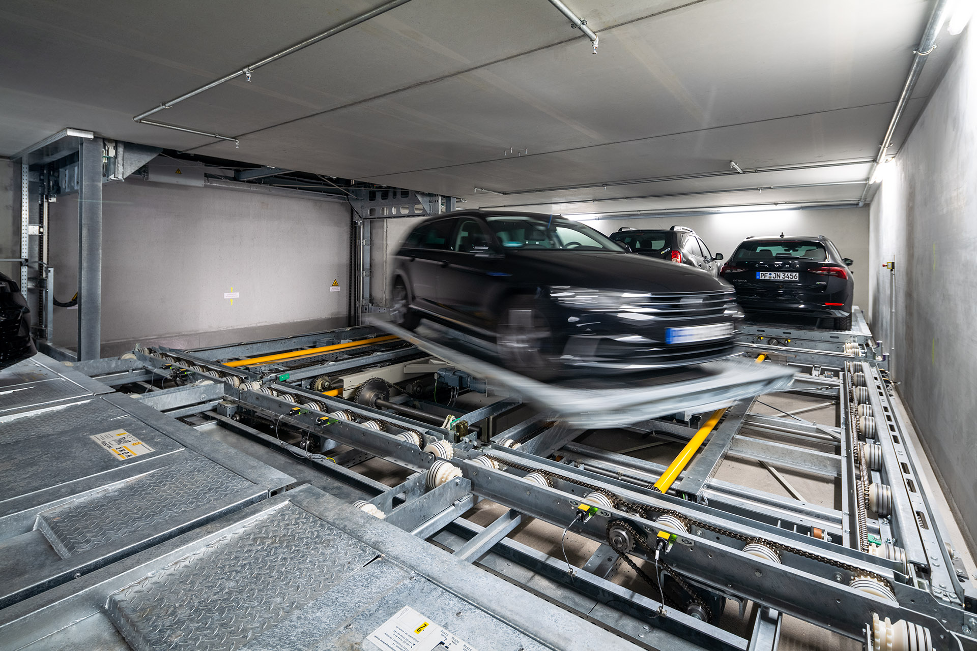 Car on the parking platform is being turned